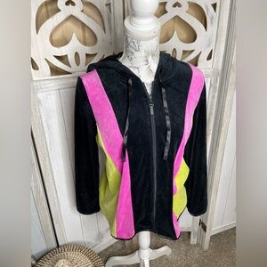 Blast Velour Hoodie Sweater Full Zip Y2K Black Colorful Vintage Small Petite